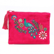 Raspberry Velvet Purse with Embellished Peacock & Tassel by Peace of Mind